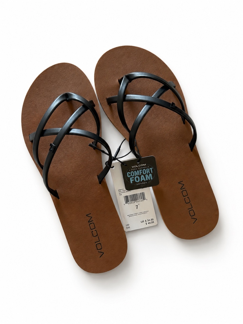 Volcom New School II Sandals Womens 7 Brown Black Comfort Foam NWT